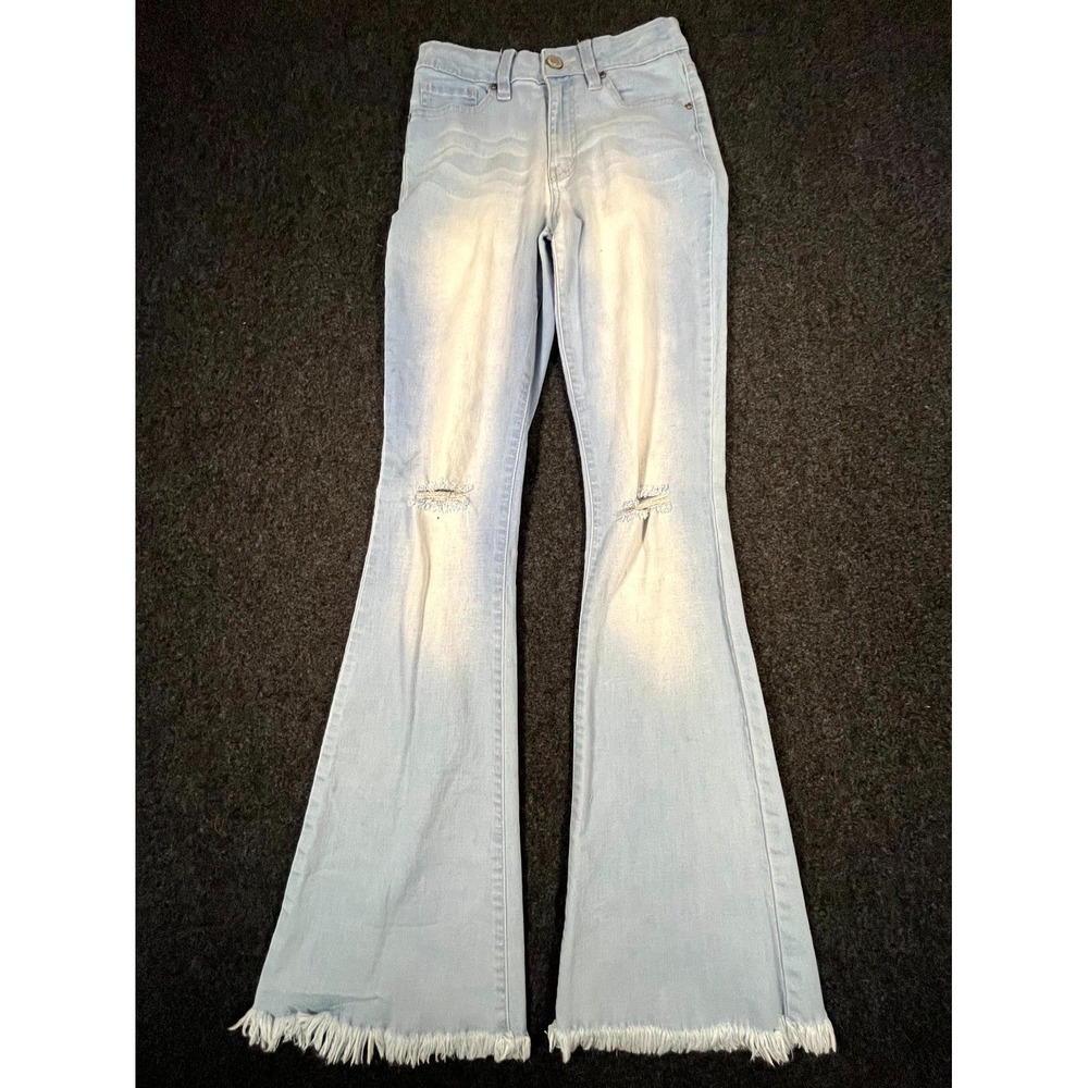 YMI Flared Jeans Womens 5/6 Blue Light Wash Bell Bottom Distressed Raw Hem Denim